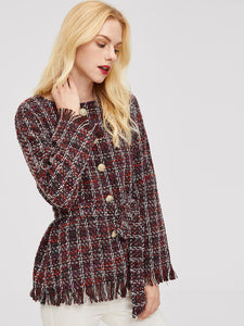 Raw Hem Belted Tweed Coat