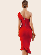 Load image into Gallery viewer, Adyce Zip Back One Shoulder Fishtail Hem Bodycon Dress