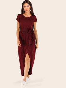 Belted Tulip Hem Solid Wrap Dress