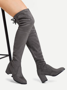 Tie Back Over Knee Block Heeled Boots