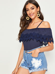 Cold Shoulder Guipure Lace Trim Top