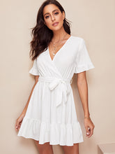 Load image into Gallery viewer, Surplice Wrap Belted Ruffle Hem Dress