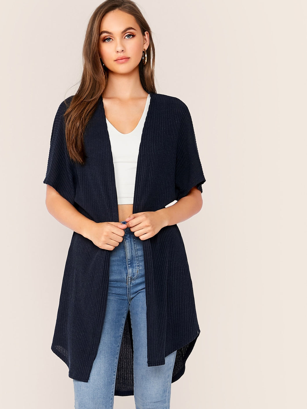 Twist Back Dip Hem Rib-knit Coat