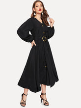 Load image into Gallery viewer, Bishop Sleeve Button Up Self Belted Dress