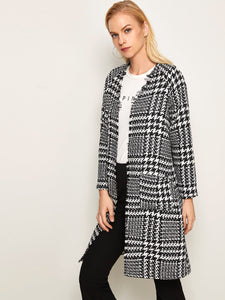 Open Front Raw Trim Houndstooth Coat