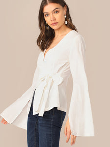 Bell Split Sleeve Surplice Neck Knot Blazer