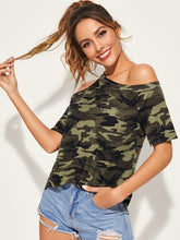 Load image into Gallery viewer, Asymmetrical Neck Camo Print Top