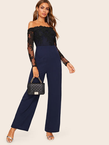 Embroidered Mesh Bodice Wide Leg Bardot Jumpsuit