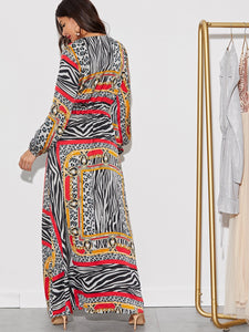 Animal Scarf Print Surplice Neck Maxi Dress