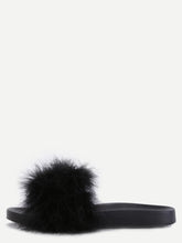 Load image into Gallery viewer, Black Faux Fur Soft Sole Flat Slippers