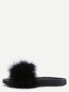 Black Faux Fur Soft Sole Flat Slippers