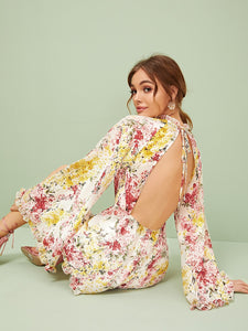 Ditsy Floral Frill Trim Flounce Sleeve Backless Romper