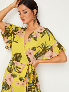 Botanical Print Ruffle Cuff Tie Side Wrap Dress