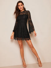 Load image into Gallery viewer, Trumpet Sleeve Floral Lace Overlay Dress