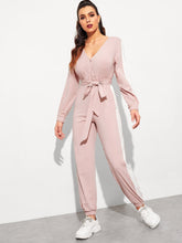 Load image into Gallery viewer, Surplice Neck Self Belted Colorblock Jumpsuit