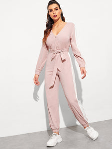 Surplice Neck Self Belted Colorblock Jumpsuit