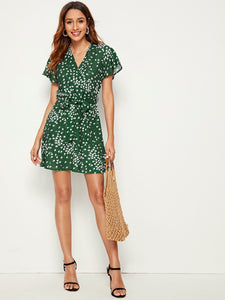 Surplice Ditsy Floral Belted Dress