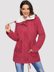 Fleece Lined Pocket Front Drawstring Parka Coat