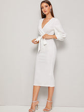 Load image into Gallery viewer, Self Belted Split Hem Surplice Wrap Dress