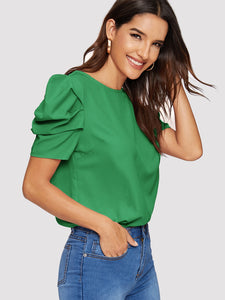 Button Keyhole Back Puff Sleeve Top