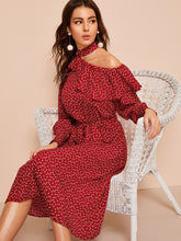 Load image into Gallery viewer, Asymmetrical Neck Ruffle Trim Polka Dot Belted Dress