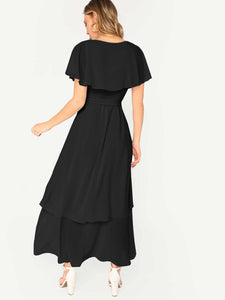 Self Belted Surplice Wrap Cape Dress