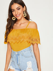 Cold Shoulder Guipure Lace Trim Top