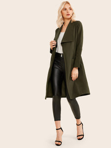 Waterfall Collar Dual Pockets Trench Coat