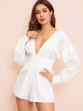 Load image into Gallery viewer, Deep V Neck Lace Insert Backless Swiss Dot Romper