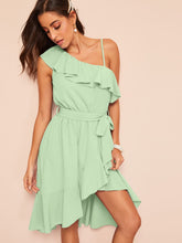 Load image into Gallery viewer, Asymmetric Shoulder Flounce Surplice Dress With Belt