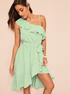 Asymmetric Shoulder Flounce Surplice Dress With Belt