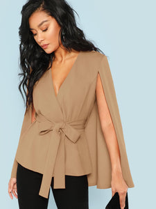 Surplice Neck Tie Waist Cape Coat