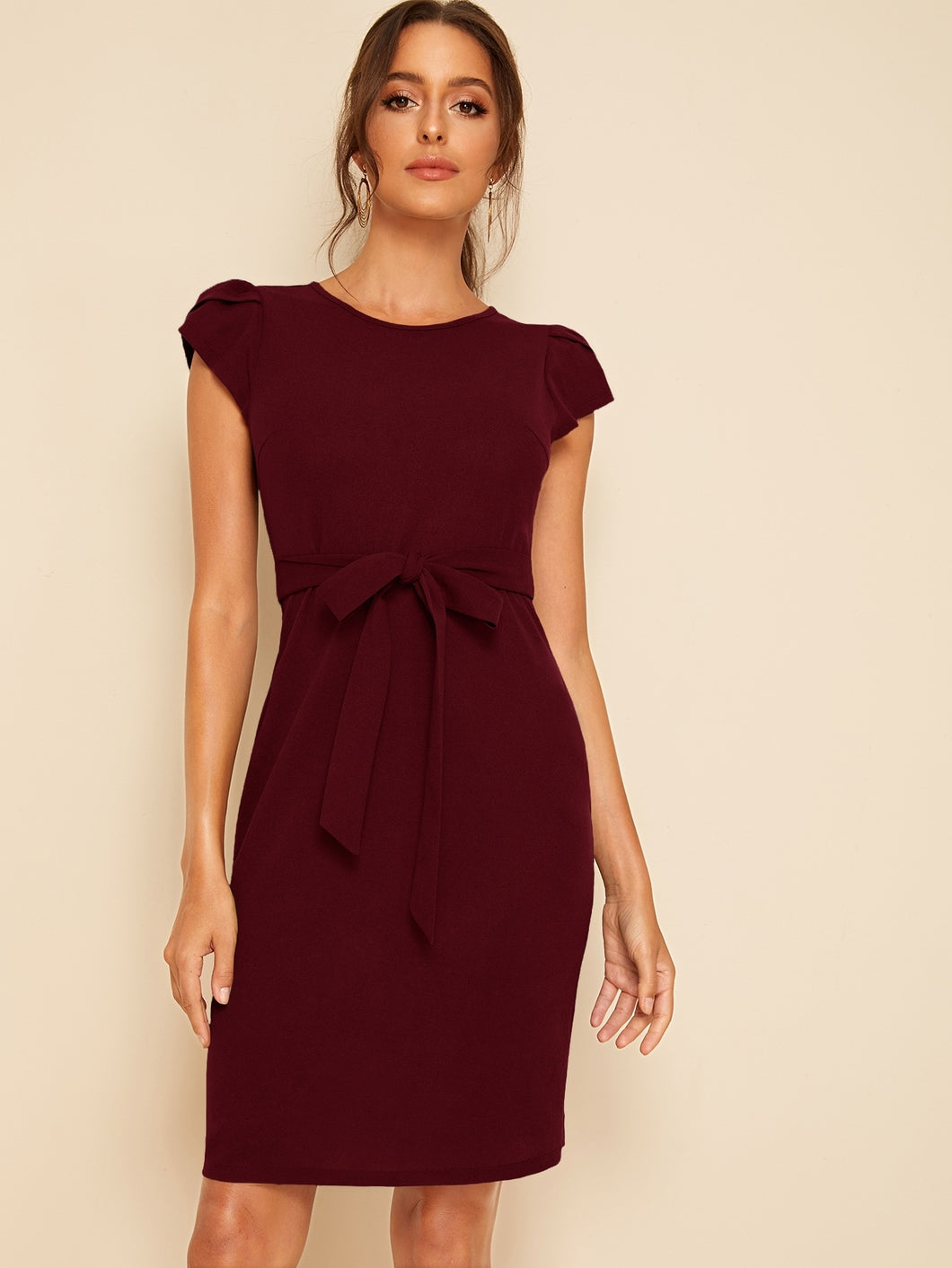 Petal Sleeve Self Belted Dress