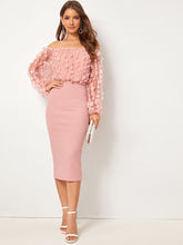 Load image into Gallery viewer, Appliques Mesh Bishop Sleeve Bardot Pencil Dress