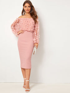 Appliques Mesh Bishop Sleeve Bardot Pencil Dress