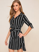 Load image into Gallery viewer, Striped Knot Cuff Belted Shirt Dress