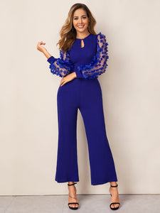 3D Applique Sheer Sleeve Keyhole Front Jumpsuit