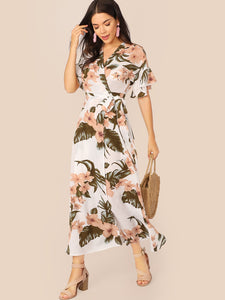 Botanical Print Ruffle Cuff Tie Side Wrap Dress