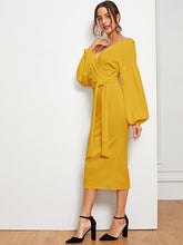 Load image into Gallery viewer, Blouson Sleeve Slit Hem Surplice Bardot Dress