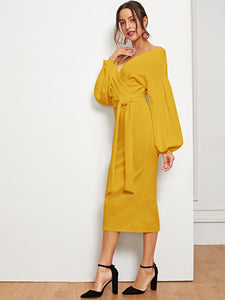 Blouson Sleeve Slit Hem Surplice Bardot Dress