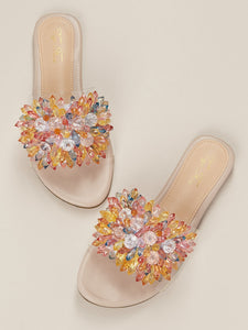 Jeweled Open Toe Band Flat Slide Sandals