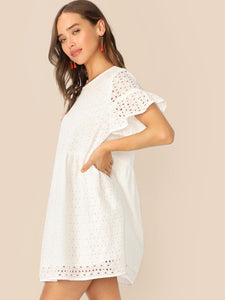 Flounce Sleeve Solid Schiffy Dress