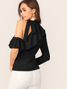 Tie Neck Cold Shoulder Ruffle Trim Top