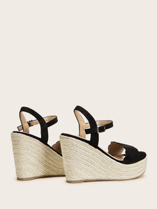 Scalloped Trim Buckle Strap Espadrille Wedges