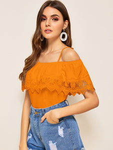 Cold Shoulder Guipure Lace Trim Top