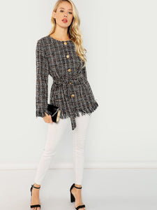 Raw Hem Belted Tweed Coat