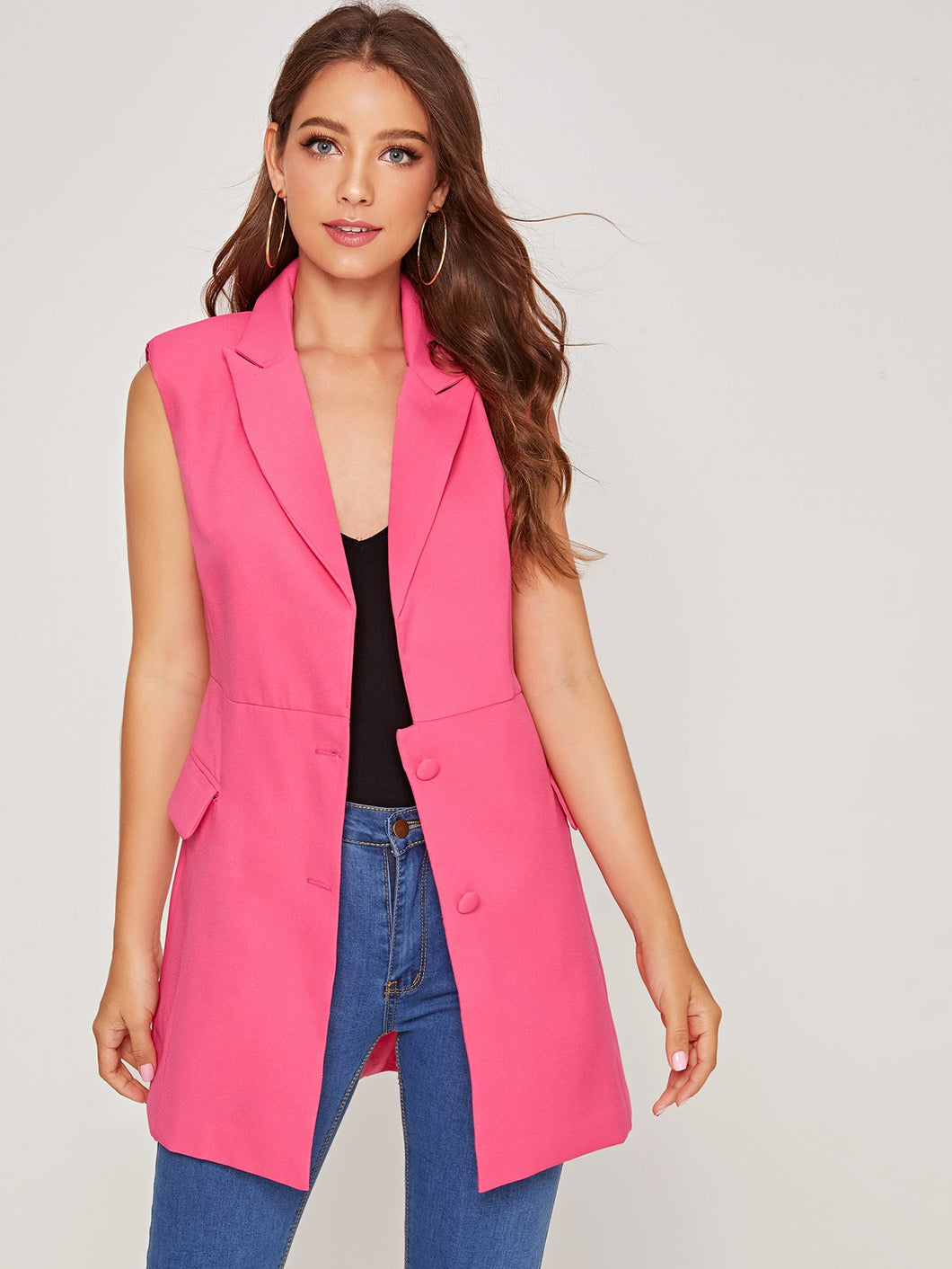 Solid Button Front Flap Pocket Vest Blazer