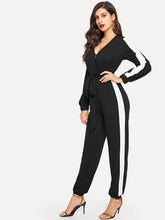 Load image into Gallery viewer, Surplice Neck Self Belted Colorblock Jumpsuit