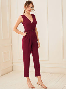 Surplice Neck Buckle Belted Slant Pocket Jumpsuit