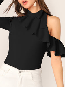 Tie Neck Cold Shoulder Ruffle Trim Top